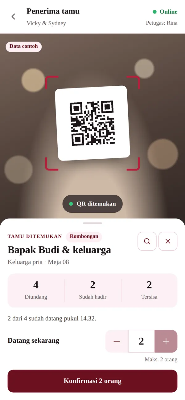 Aplikasi penerima tamu: QR ditemukan, Bapak Budi & keluarga, Meja 08, tombol Konfirmasi 2 orang.