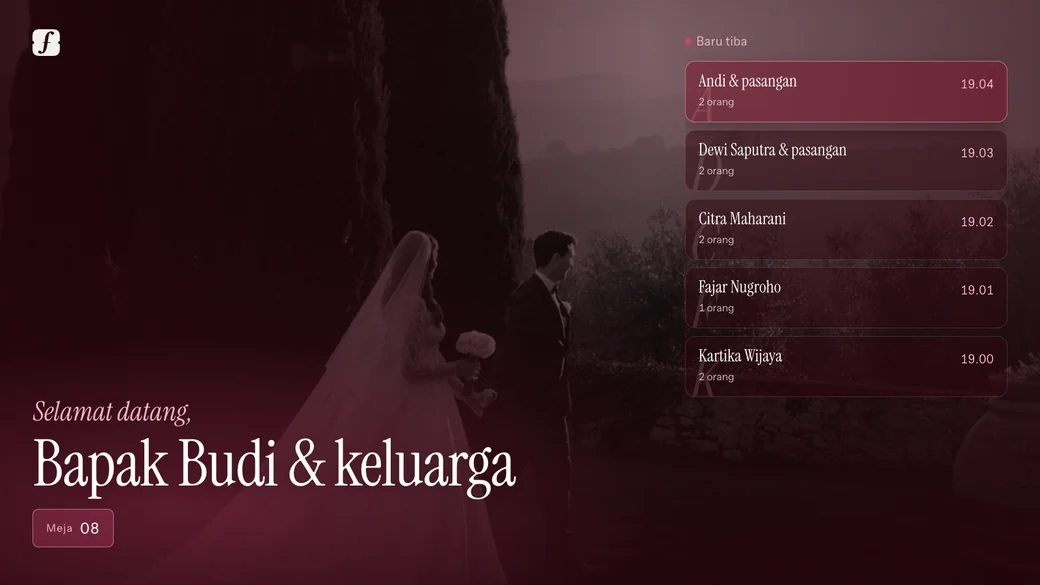 Layar sapa di TV: foto pasangan, Selamat datang Bapak Budi & keluarga di Meja 08, dan daftar tamu yang baru tiba.