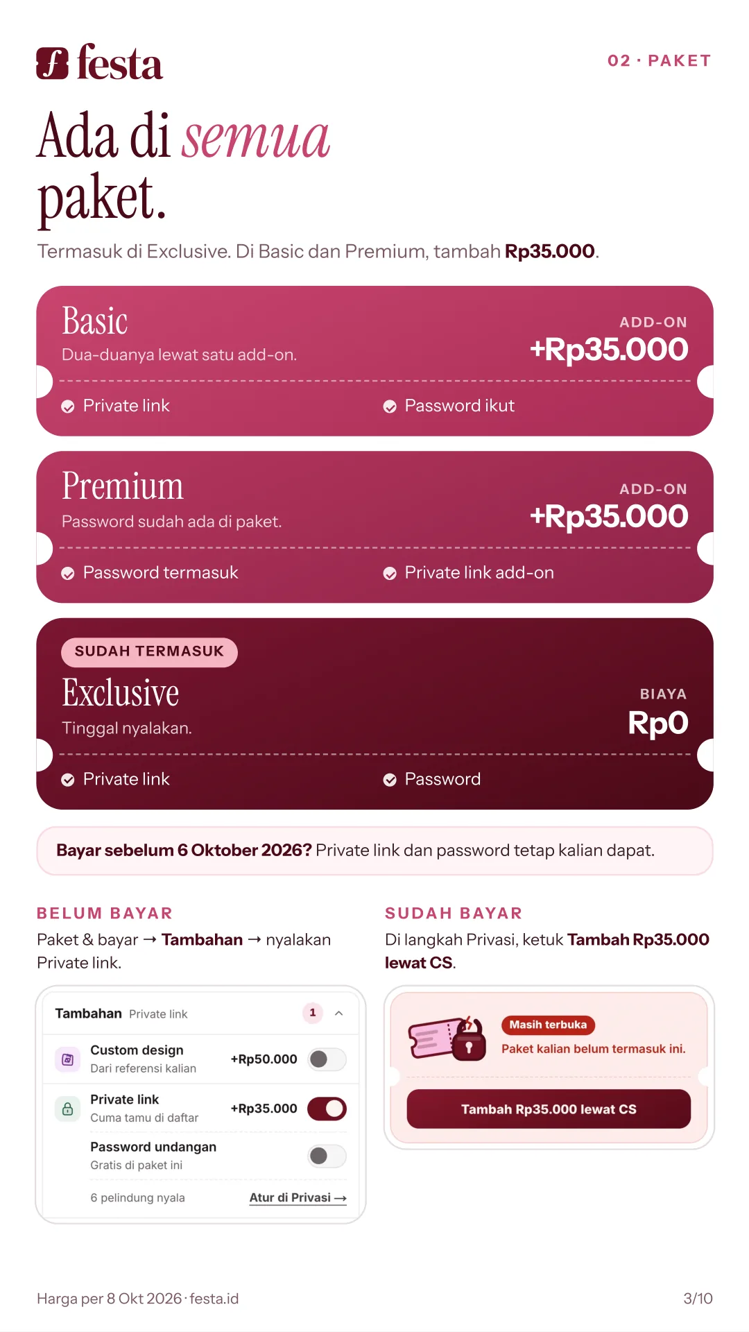 Ada di semua paket. Basic dan Premium tambah Rp35.000, Exclusive sudah termasuk. Bayar sebelum 6 Oktober 2026 tetap dapat Private link dan password.