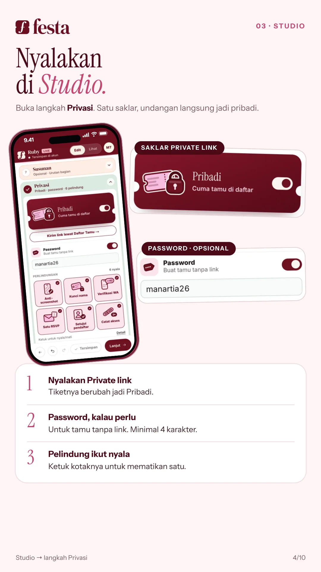 Nyalakan di Studio, langkah Privasi: saklar Private link, password kalau perlu (minimal 4 karakter), pelindung ikut nyala.