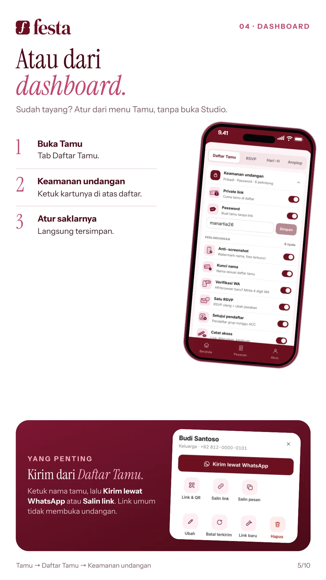 Atau dari dashboard: Tamu, kartu Keamanan undangan, atur saklarnya. Kirim undangan dari Daftar Tamu, bukan link umum.
