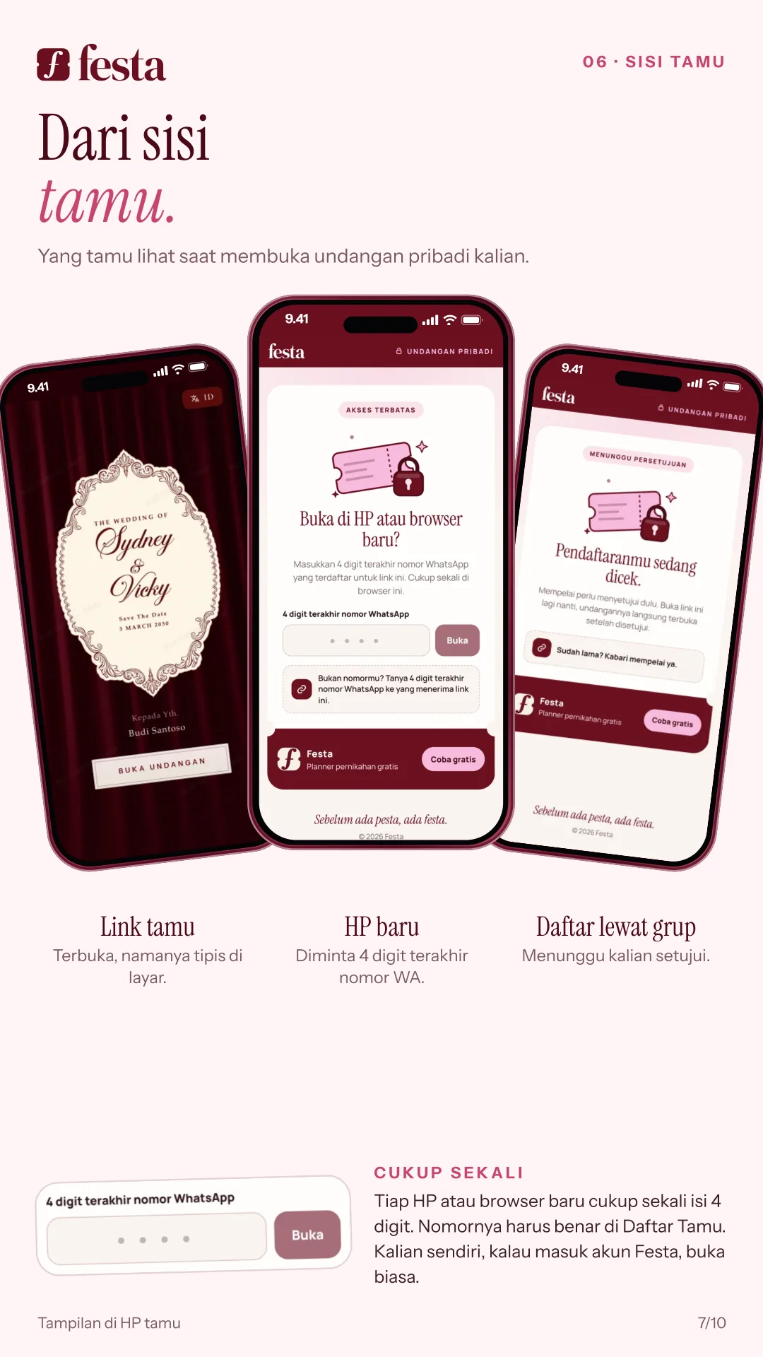 Dari sisi tamu: link tamu terbuka dengan namanya tipis di layar, HP baru diminta 4 digit terakhir nomor WA, pendaftar lewat grup menunggu disetujui.