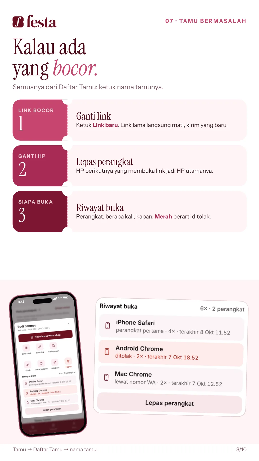 Kalau ada yang bocor: ganti link, lepas perangkat, lihat riwayat buka.