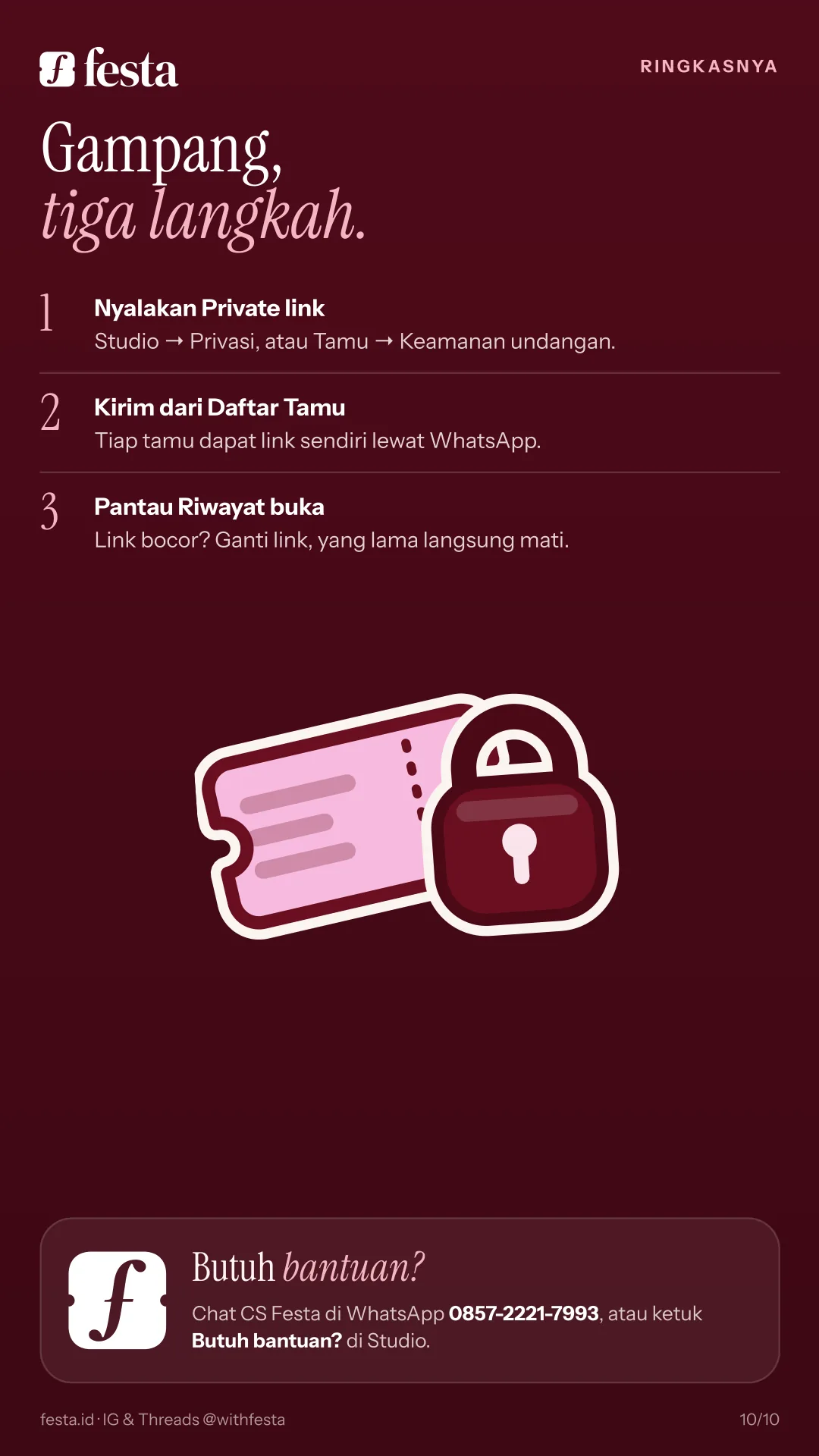 Ringkasnya tiga langkah: nyalakan Private link, kirim dari Daftar Tamu, pantau riwayat buka. Bantuan: CS Festa 0857-2221-7993.