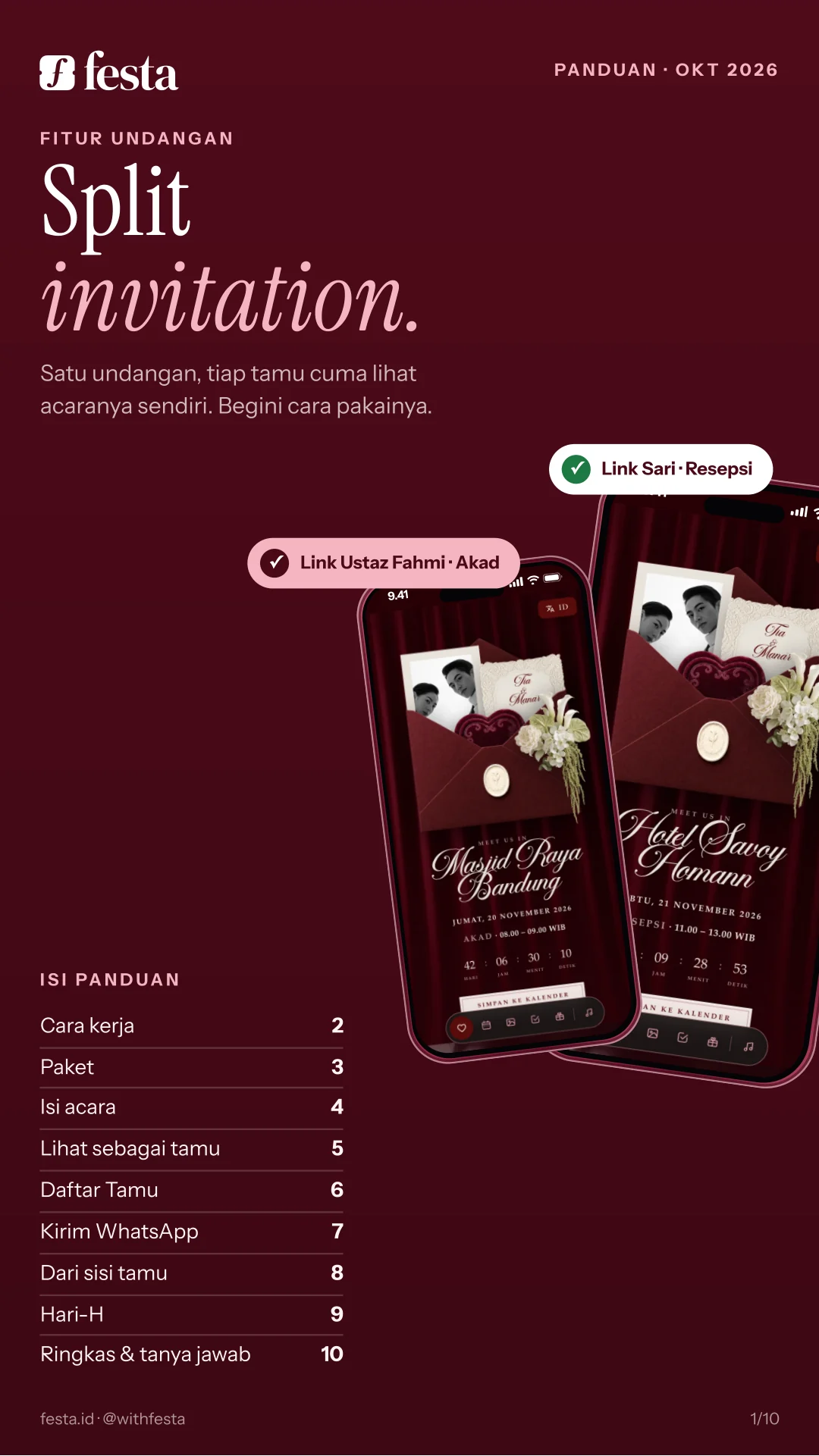 Panduan Split invitation: satu undangan, tiap tamu cuma lihat acaranya sendiri.