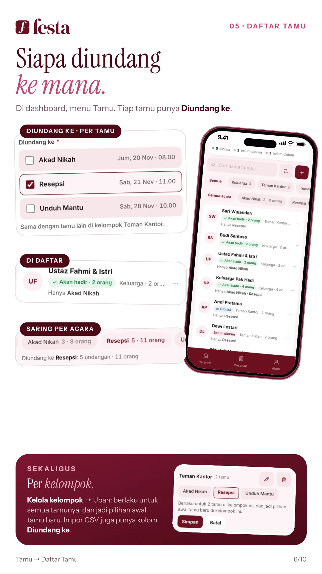 Siapa diundang ke mana: di Daftar Tamu tiap tamu punya Diundang ke, bisa sekaligus per kelompok, juga lewat CSV.