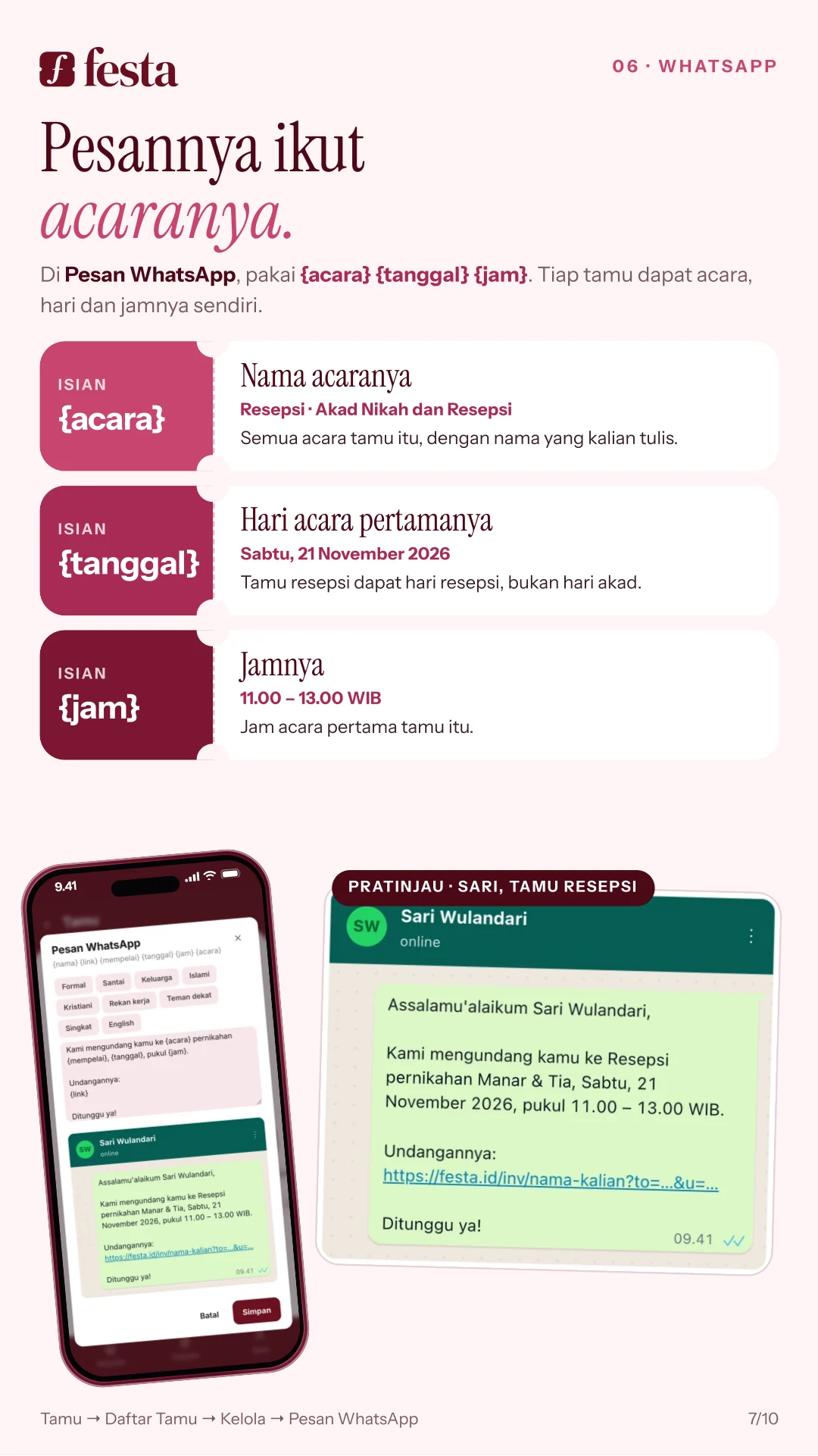 Pesannya ikut acaranya: Pesan WhatsApp pakai {acara}, {tanggal}, dan {jam}, tiap tamu dapat acara, hari, dan jamnya sendiri.