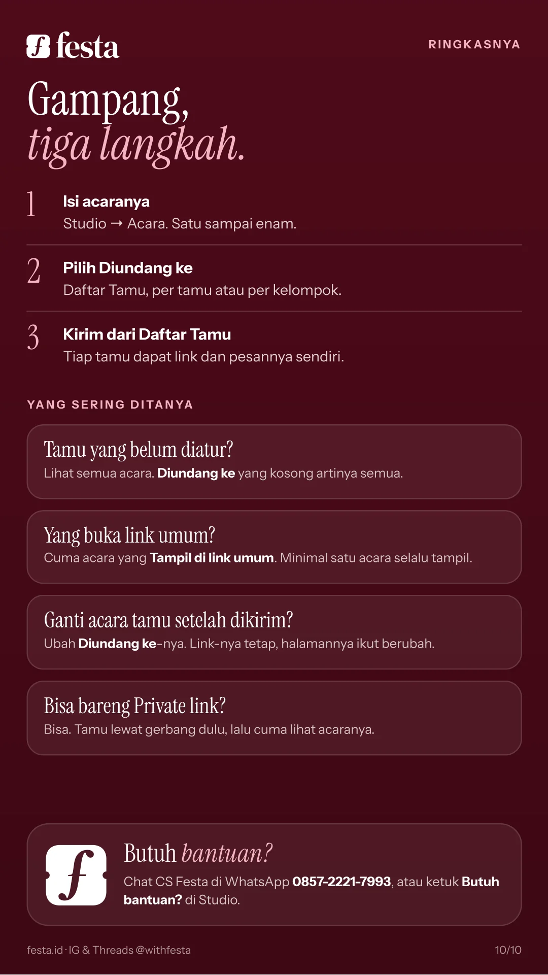 Ringkasnya tiga langkah: isi acaranya, pilih Diundang ke, kirim dari Daftar Tamu. Bantuan: CS Festa 0857-2221-7993.
